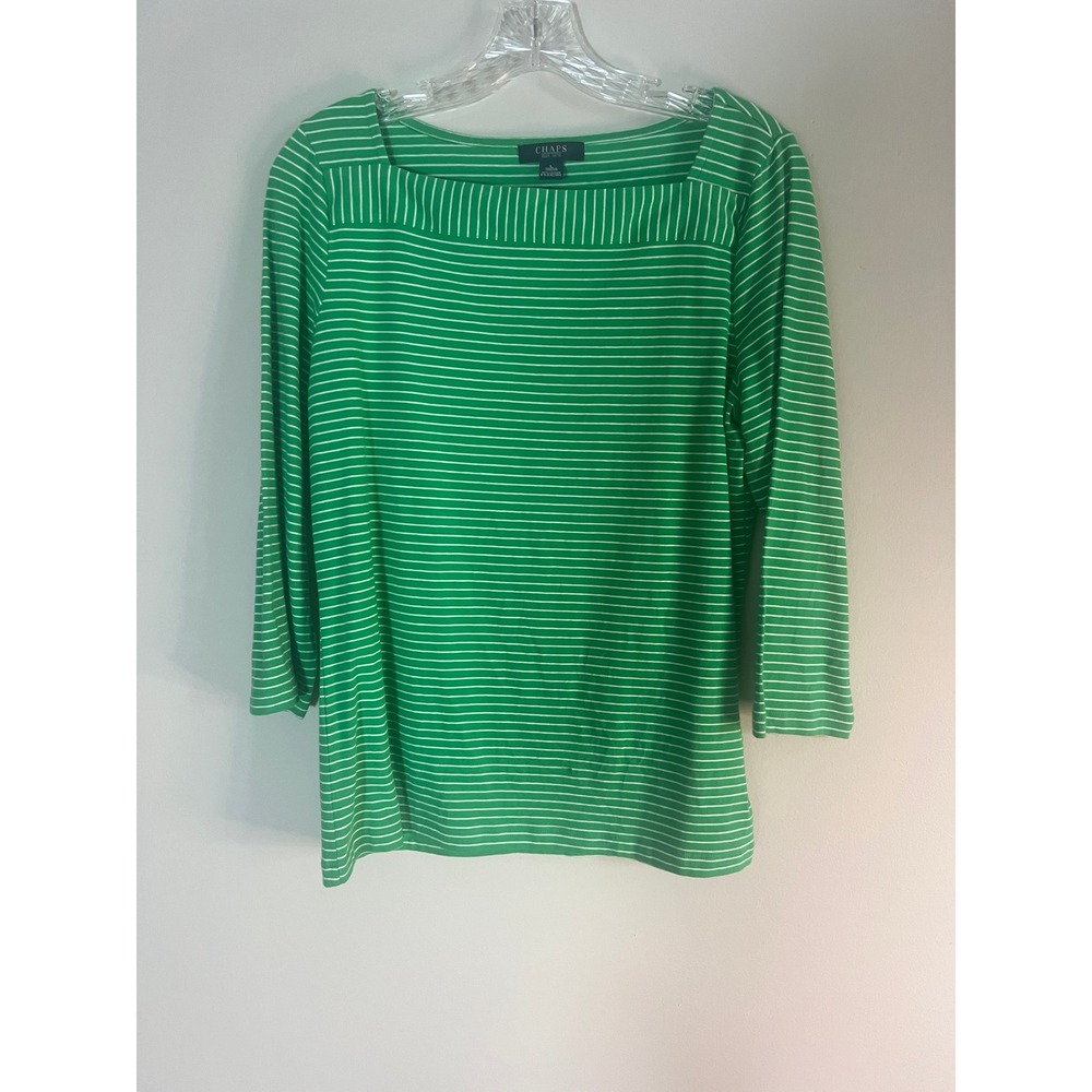 Chaps Green White Striped Square Neck 3/4 Sleeve Cotton Blend Top Large